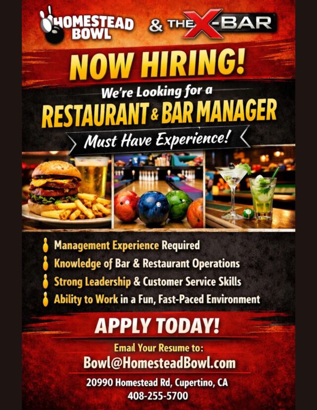 🎳🍸 NOW HIRING! 🍔🍹

Homestead Bowl & The X-Bar are looking for an experienced Restaurant & Bar Manager to join our team. Think you’ve got what it takes?

📧 Send your resume to bowl@homesteadbowl.com

#NowHiring #RestaurantManager #BarManager #HomesteadBowl #TheXBar
